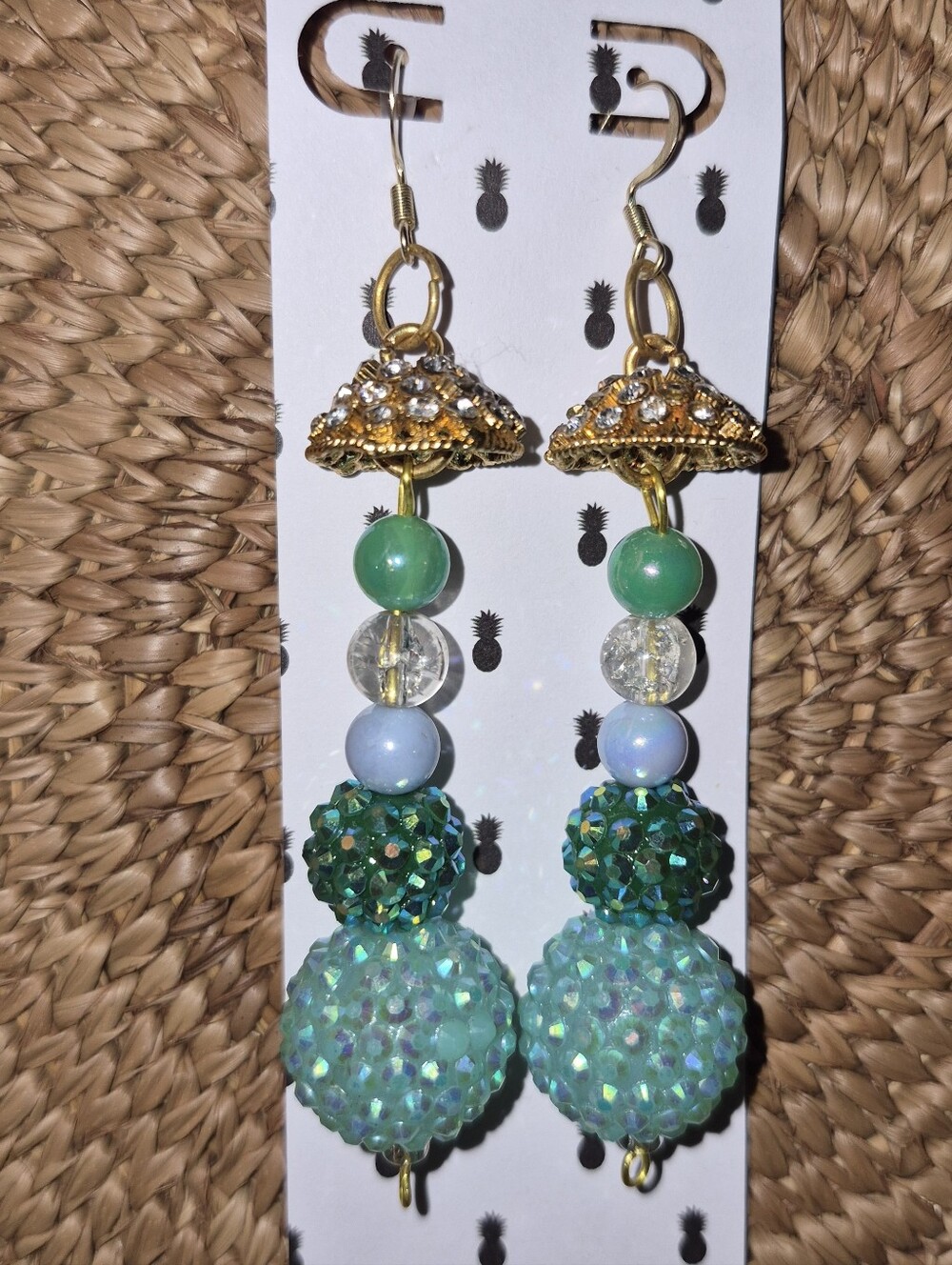 Gold-Accent Green Beaded Drop Earrings